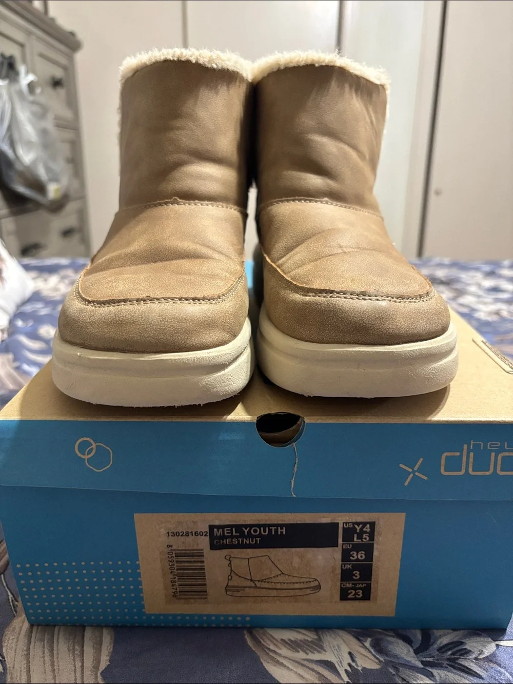 Hey Dude Mel Youth Chestnut Boots with Pink Accents and Leopard Print